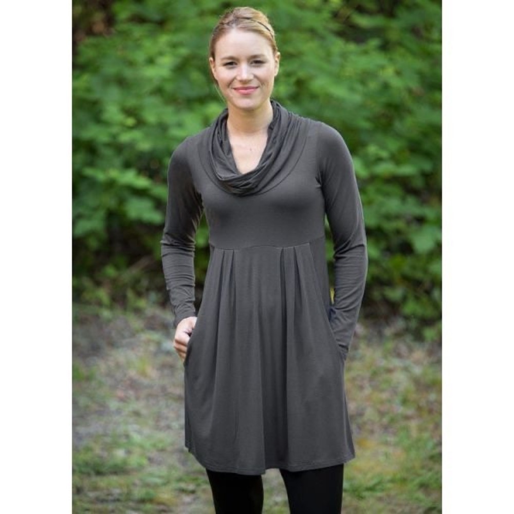 Yala Bethany Dress Bamboo Viscose Cowl Neck Tunic Charcoal Gray Pockets Medium